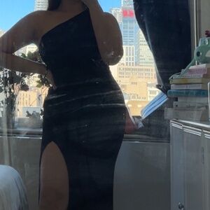 One shoulder black ruched dress from Lulu's